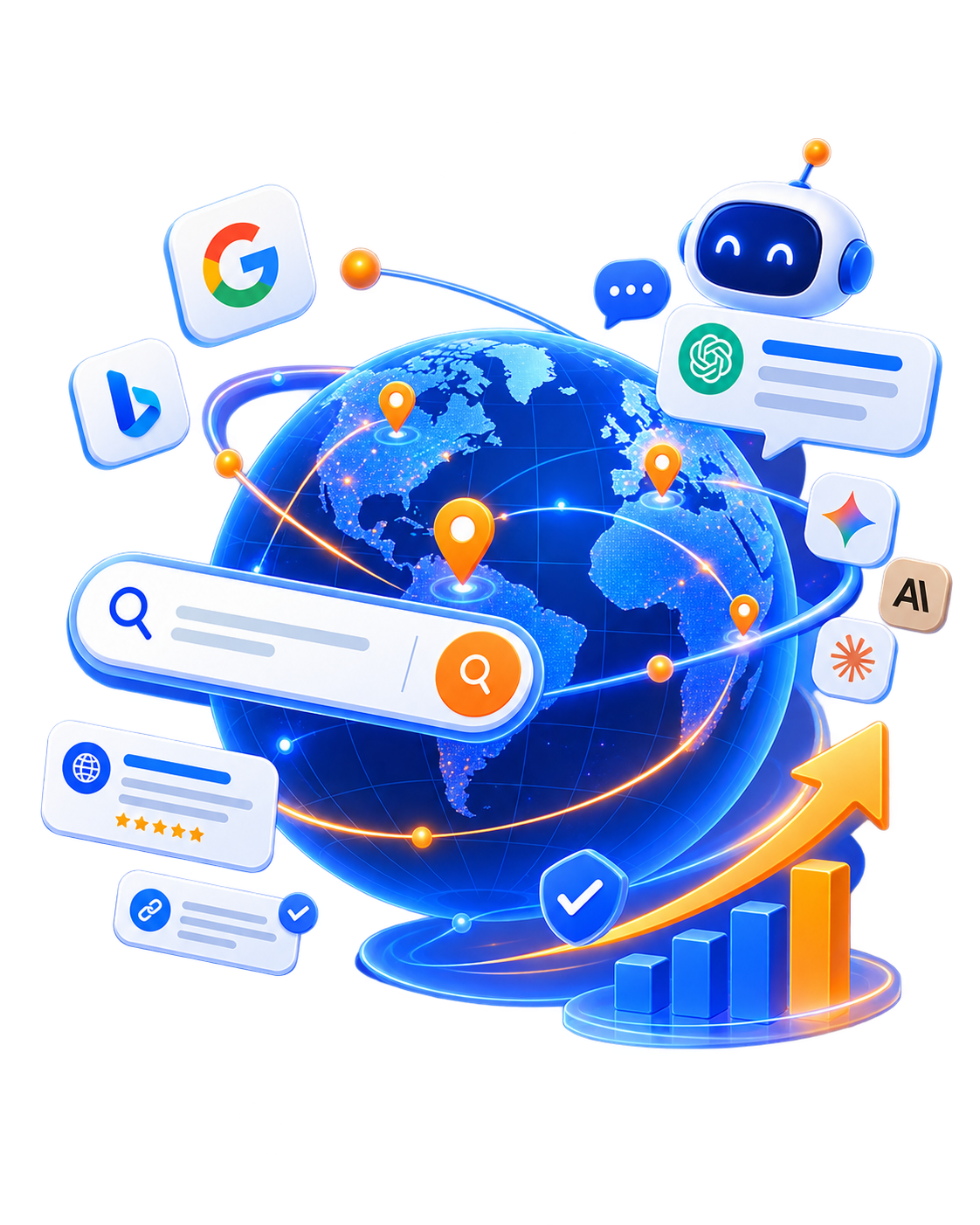 Ilustración de visibilidad digital en buscadores y sistemas de inteligencia artificial